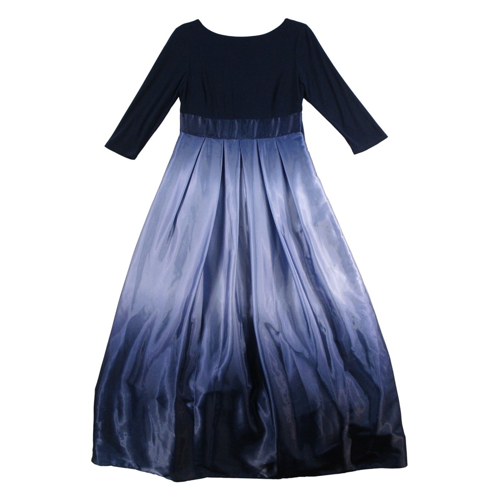 SLNY Womens 4P Navy Blue Ombre Satin Pleated Skirt Evening Gown 3/4 Sleeve Dress